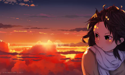 HD anime desktop wallpaper featuring an original character gazing at a vivid sunset with vibrant clouds illuminating the sky.