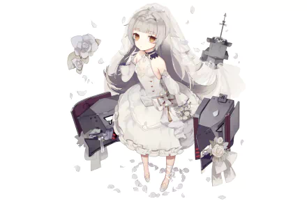 A stunning HD wallpaper featuring Z46 from Azur Lane, showcasing a girl in a white dress surrounded by delicate petals and dark silhouettes, blending anime aesthetics with captivating charm.