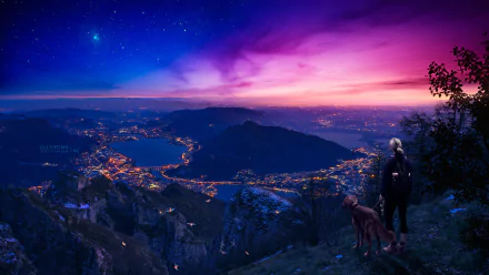 HD desktop wallpaper of a fantasy landscape showing a person with a dog on a hill overlooking a vibrant, illuminated city skyline against a stunning twilight sky.
