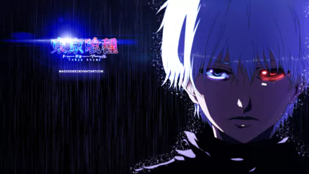 HD PC wallpaper of Ken Kaneki from Tokyo Ghoul: close-up in rain, white hair, one glowing red eye, cool blue lighting and the Tokyo Ghoul logo at left.