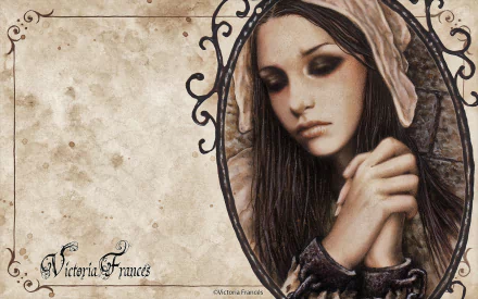 HD gothic desktop wallpaper featuring a sad, dark-haired woman with somber expression framed by ornate black designs on a textured, aged background.