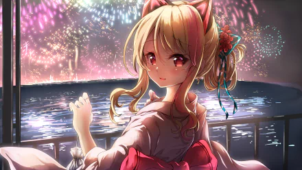 Mochi Nekonoki, an anime Virtual YouTuber, stands by a waterfront at night with fireworks illuminating the sky in this 4K Ultra HD PC desktop wallpaper.