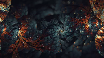 Abstract fractal 2K Quad HD PC desktop wallpaper: dark swirling leaf-like patterns with teal and fiery orange veins, glowing specks and deep textured shadows.