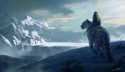 A fantasy HD desktop wallpaper featuring a woman with long hair riding a snow leopard, overlooking a mystical icy landscape with a dragon-shaped mountain.