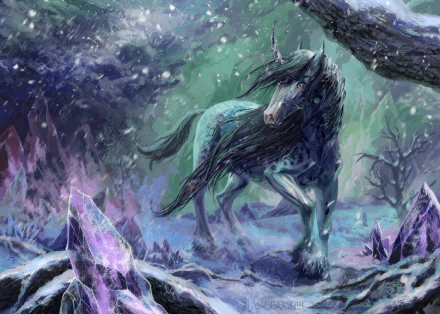 A majestic unicorn with flowing mane stands amidst glowing crystals and gentle snowfall in a mystical, fantasy forest setting, captured as an HD PC desktop wallpaper.