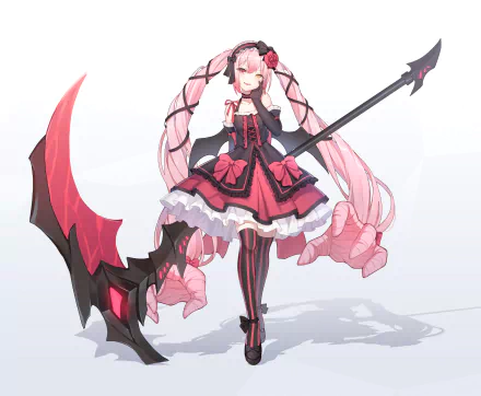 Anime girl with pink twintails and heterochromic eyes (pink and yellow), wearing a black and red dress with bows, and wielding a large scythe, on a light background. Suitable as HD desktop wallpaper.