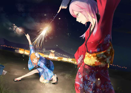 night yukata festival fireworks Anime Original anime night HD Desktop Wallpaper | Background Image