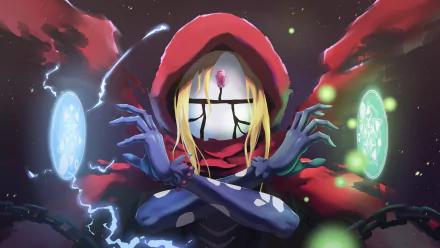 HD desktop wallpaper featuring Evileye from Overlord, depicted as a blonde character in a mask, casting spells with magical sigils in a starry night background.
