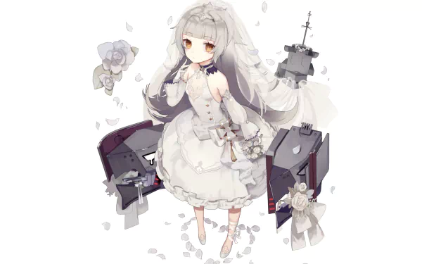 A stunning HD wallpaper featuring Z46 from Azur Lane, showcasing a girl in a white dress surrounded by delicate petals and dark silhouettes, blending anime aesthetics with captivating charm.