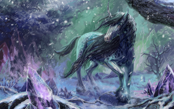 Fantasy Unicorn Horse Snowfall HD Wallpaper | Background Image
