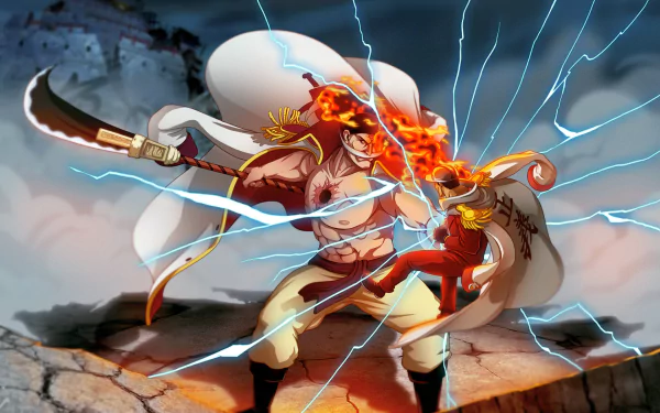 Powerful clash between Akainu and Edward Newgate from One Piece, depicted in stunning HD desktop wallpaper.