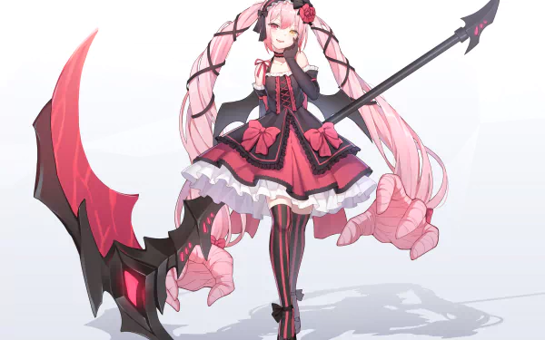 Anime girl with pink twintails and heterochromic eyes (pink and yellow), wearing a black and red dress with bows, and wielding a large scythe, on a light background. Suitable as HD desktop wallpaper.