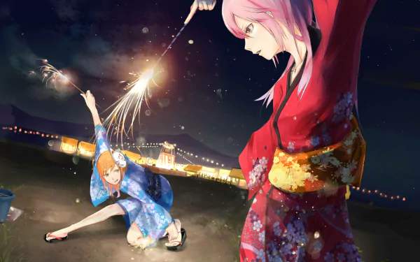 night yukata festival fireworks Anime Original anime night HD Desktop Wallpaper | Background Image