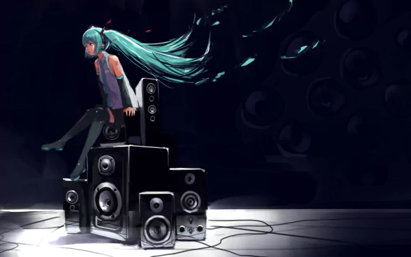 Anime-style Hatsune Miku with flowing blue hair sits atop a stack of speakers in a dark room, creating a dynamic HD PC desktop wallpaper background.
