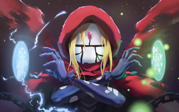 HD desktop wallpaper featuring Evileye from Overlord, depicted as a blonde character in a mask, casting spells with magical sigils in a starry night background.