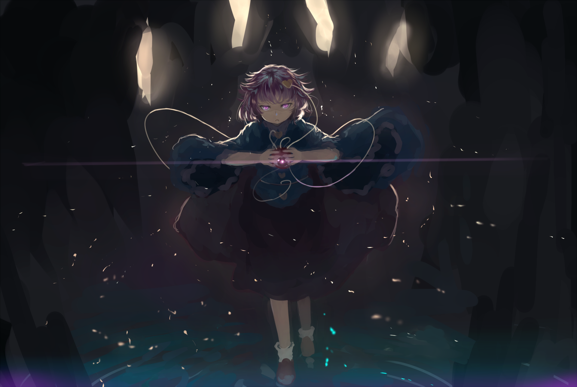 Satori Komeiji (Touhou) stands in shadow, hands around a glowing heart-core with ethereal cables and drifting sparks — anime 2K Quad HD PC wallpaper.