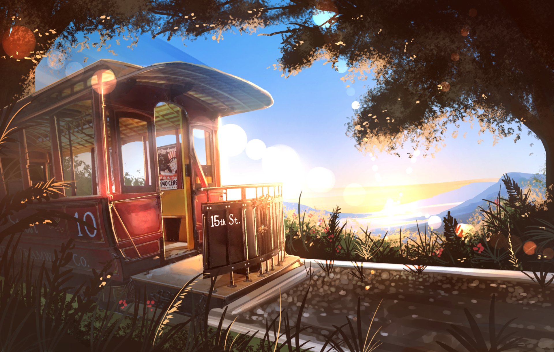 Anime-style HD desktop wallpaper features a tranquil sunset with a nostalgic trolley surrounded by lush flowers and foliage, set against a mountainous backdrop.