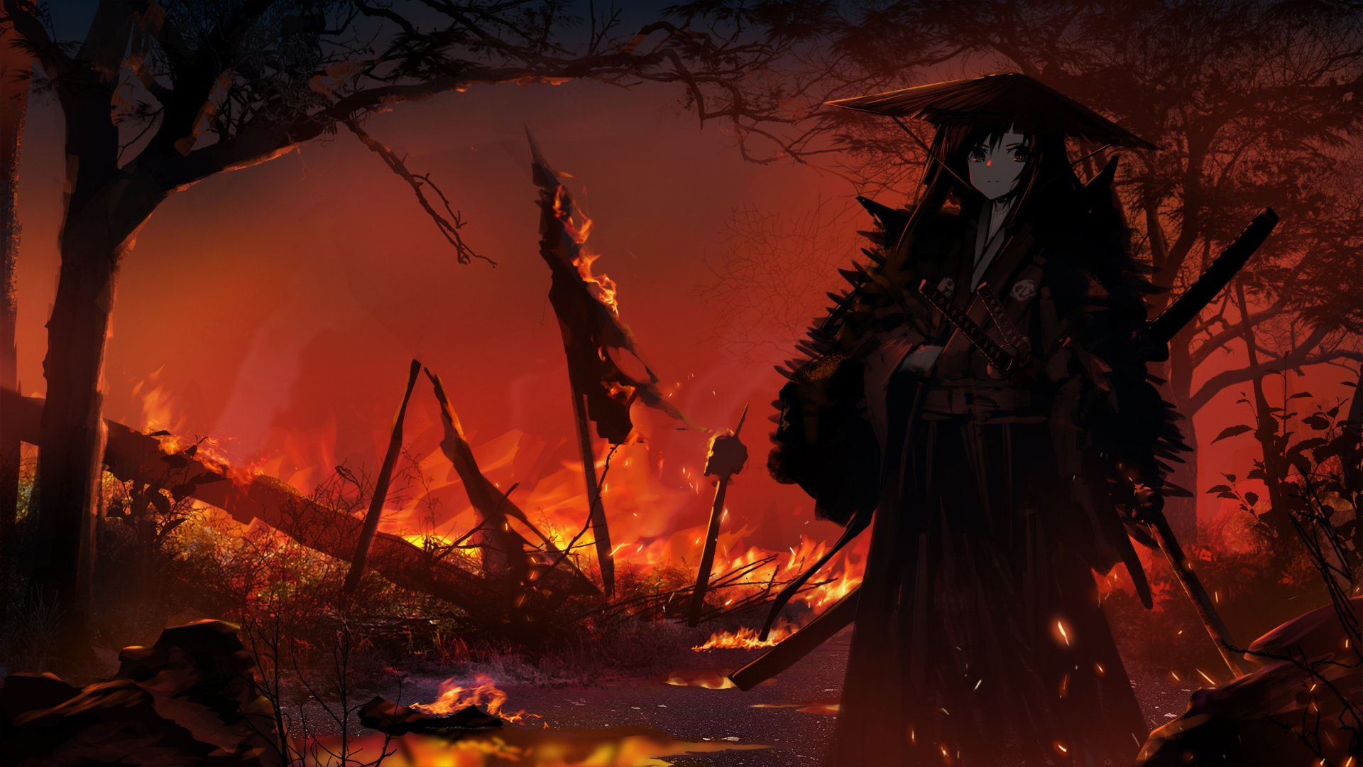 HD anime original desktop wallpaper depicting a dark, mysterious figure standing in a fiery, apocalyptic landscape with burning trees and a dramatic red sky.