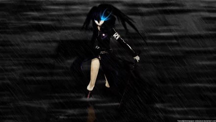 HD PC desktop wallpaper featuring Black Rock Shooter in an anime style, depicted in a dark, rainy atmosphere with striking blue highlights.