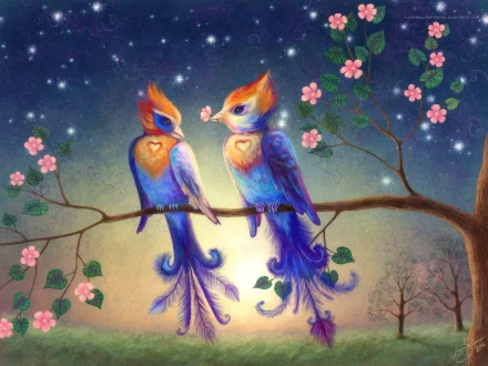 HD desktop wallpaper featuring two artistically rendered birds with heart markings, sitting on a branch surrounded by pink blossoms, under a starry sky. A romantic and love-themed background.