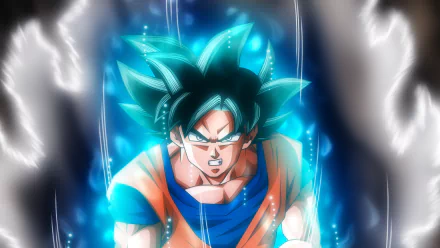 Goku in Ultra Instinct form from Dragon Ball Super, glowing with a blue aura against a dark background, featured in a 4K Ultra HD anime desktop wallpaper.