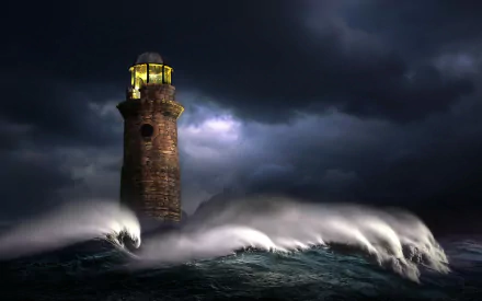 A brick lighthouse stands firm amid stormy ocean waves crashing with force under a dark, cloudy sky, creating a dramatic HD desktop wallpaper background.