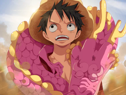 HD One Piece anime desktop wallpaper featuring Monkey D. Luffy in a straw hat with a pink dragon-scaled arm, paired with Kozuki Momonosuke motif.