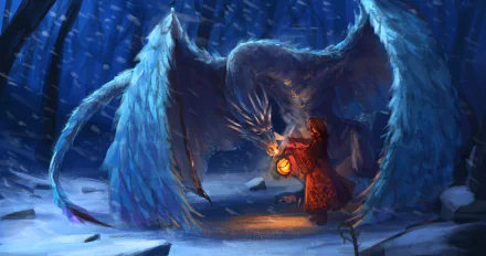 A fantasy HD desktop wallpaper depicting a snowy forest where a person holding a glowing lantern faces a large wyvern-like dragon with outstretched wings.