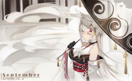 Anime wallpaper featuring a character with long white hair, bunny ears, and a parasol, dressed elegantly with gloves, set against a dreamy backdrop of clouds.