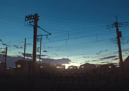 HD anime-style original desktop wallpaper depicting a serene evening sky with silhouetted power lines and rooftops against a soft gradient of blue and yellow.