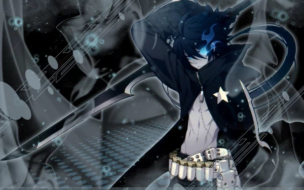 An HD desktop wallpaper featuring Black Rock Shooter, showcasing a dynamic character design with an edgy black and blue aesthetic amidst abstract geometric patterns.