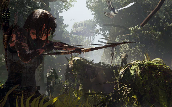 Lara Croft from Shadow of the Tomb Raider draws a bow in a sunlit jungle, vines and ancient ruins visible — 4K Ultra HD PC desktop wallpaper/background artwork from the video game.