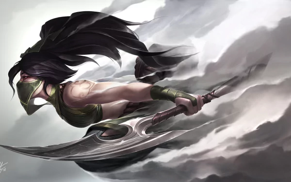 HD desktop wallpaper featuring Akali from the video game League of Legends in a dynamic pose with flowing hair and a large curved blade against a cloudy background.