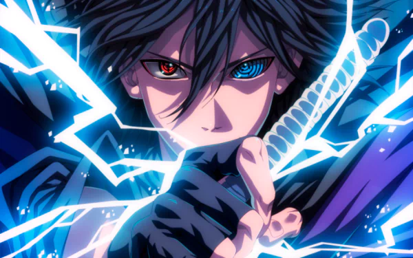 HD desktop wallpaper of Sasuke Uchiha from Naruto, featuring his black hair and distinctive Rinnegan and Sharingan eyes, highlighted with dynamic blue lightning effects.