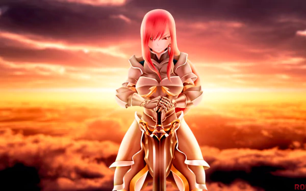 Erza Scarlet from Fairy Tail stands armored with her sword against a vibrant sunset sky in this 4K Ultra HD anime desktop wallpaper.
