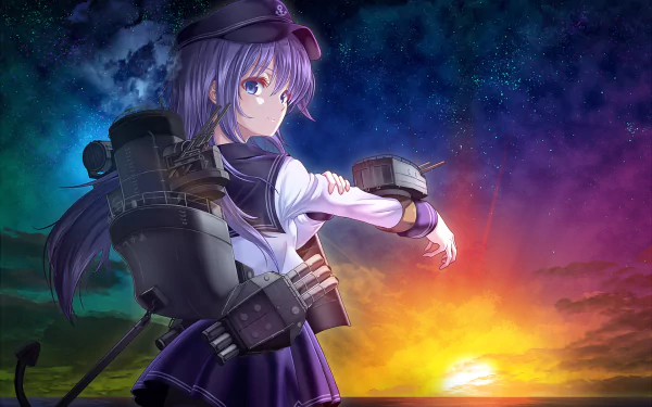 Akatsuki (KanColle) from Kantai Collection anime, wearing naval gear as she gazes toward a vivid sunset over the sea — HD PC desktop wallpaper/background.
