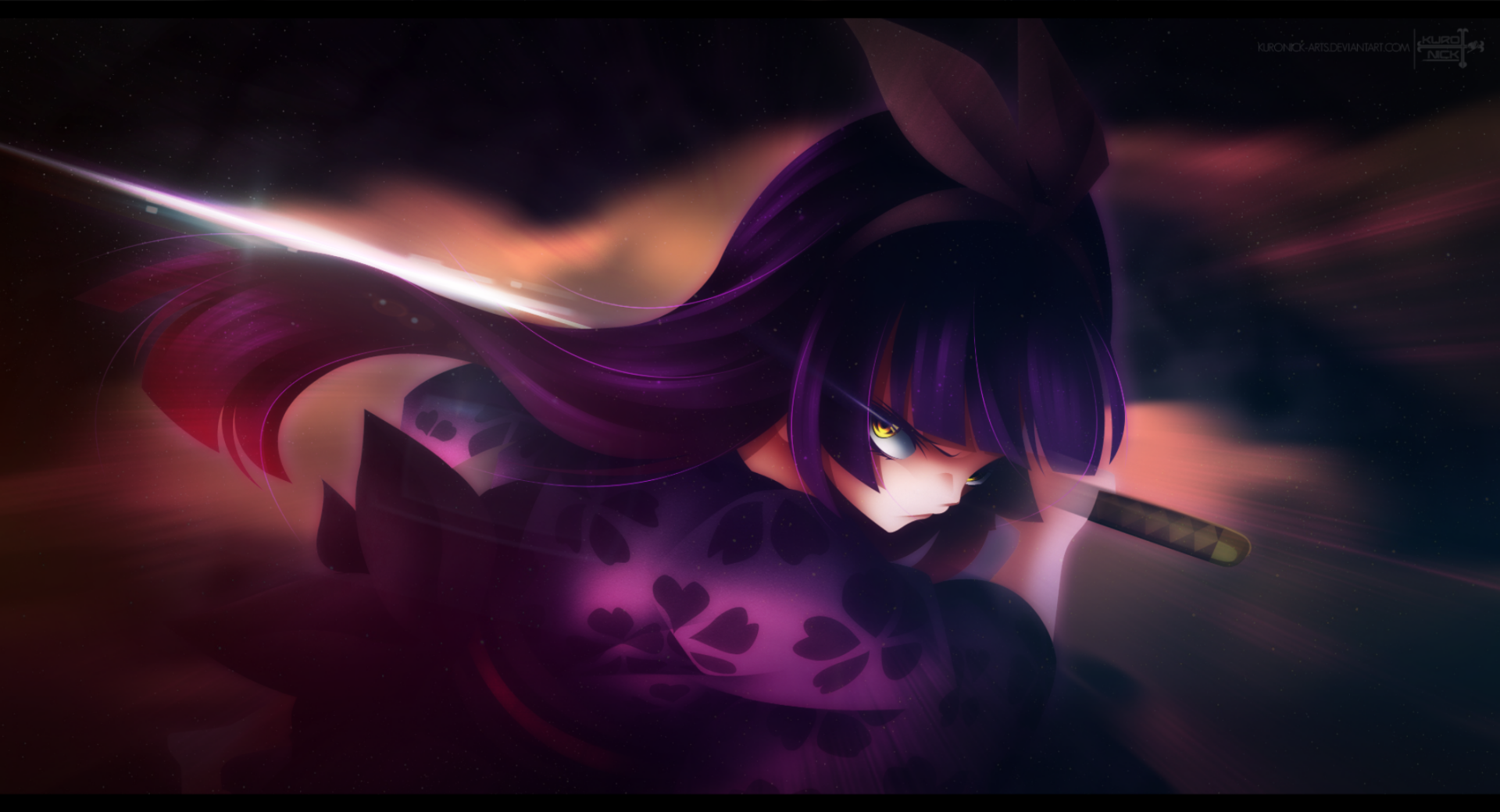 HD PC desktop wallpaper featuring Kagura Mikazuchi from the anime Fairy Tail, depicted with intense eyes and a sword against a dark, atmospheric background.