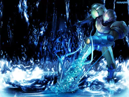 HD PC desktop wallpaper from the video game Metroid: Samus Aran in her Power Suit unleashing an icy beam into a glowing blue cavern, water splashing around her.