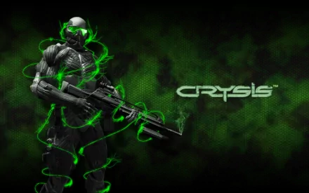 HD PC desktop wallpaper featuring a futuristic soldier from the video game Crysis, surrounded by glowing green energy on a dark, textured background.