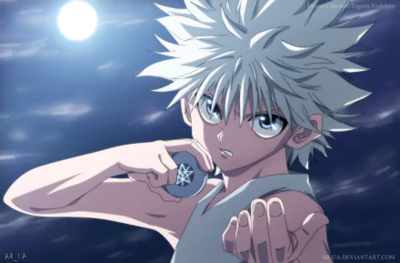 Killua Zoldyck from Hunter x Hunter stands confidently, showcasing his signature look and intensity. This HD anime wallpaper captures his dynamic character against a striking background.