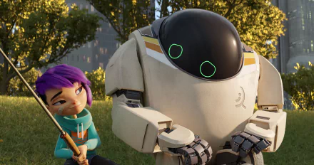 HD desktop wallpaper from Next Gen featuring a girl with purple hair and a large robot.