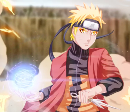 Naruto Uzumaki anime HD PC desktop wallpaper: Naruto in a red jacket forming a glowing Rasengan, determined gaze, headband visible, blurred battle background.