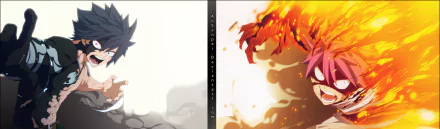 HD desktop wallpaper featuring anime characters Gray Fullbuster and Natsu Dragneel from Fairy Tail, showcasing contrasting ice and fire powers.