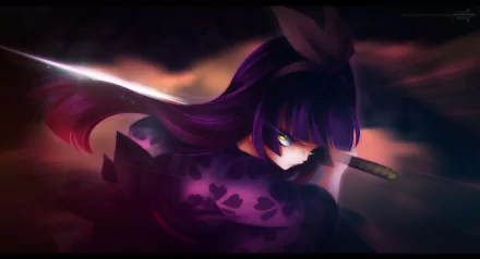 HD PC desktop wallpaper featuring Kagura Mikazuchi from the anime Fairy Tail, depicted with intense eyes and a sword against a dark, atmospheric background.