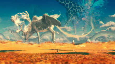 HD fantasy desktop wallpaper depicting a child facing giant, translucent animals—a deer, giraffe, and snake—blending surreal animal forms in a vibrant desert landscape.