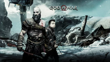 4K Ultra HD PC wallpaper featuring Kratos and Atreus from the 2018 video game God of War in a snowy, rugged landscape with the game’s logo above them.