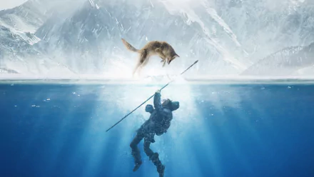 Alpha (movie) 4K Ultra HD PC desktop wallpaper: a spearfisher dives beneath icy blue water, reaching as a wolf leaps above a fractured sheet of ice.