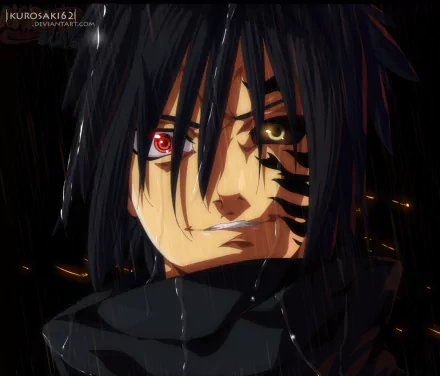HD desktop wallpaper featuring a close-up of Sasuke Uchiha from the anime Naruto, highlighting his Sharingan eye and intense expression.