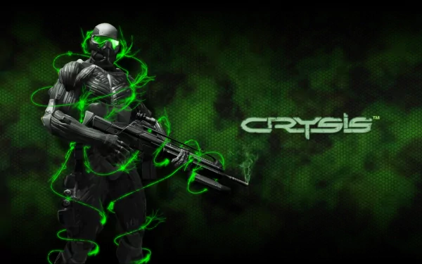 HD PC desktop wallpaper featuring a futuristic soldier from the video game Crysis, surrounded by glowing green energy on a dark, textured background.