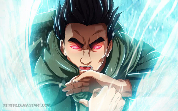 HD PC desktop wallpaper featuring Might Guy from Naruto, depicted with intense red eyes and dynamic energy effects in a bold anime style.